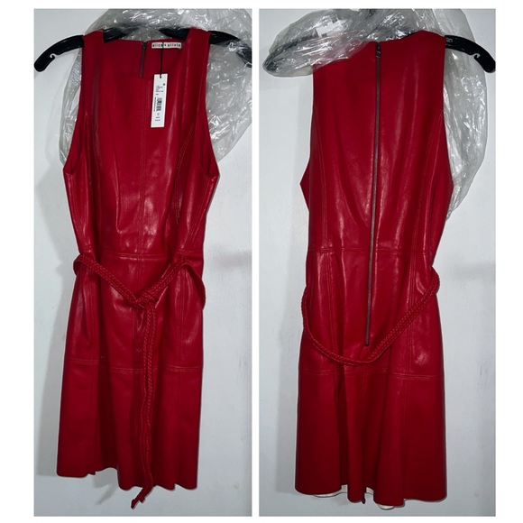 Alice + Olivia Leandra Red Vegan Leather Tie Waist Mini Dress - Picture 7 of 16
